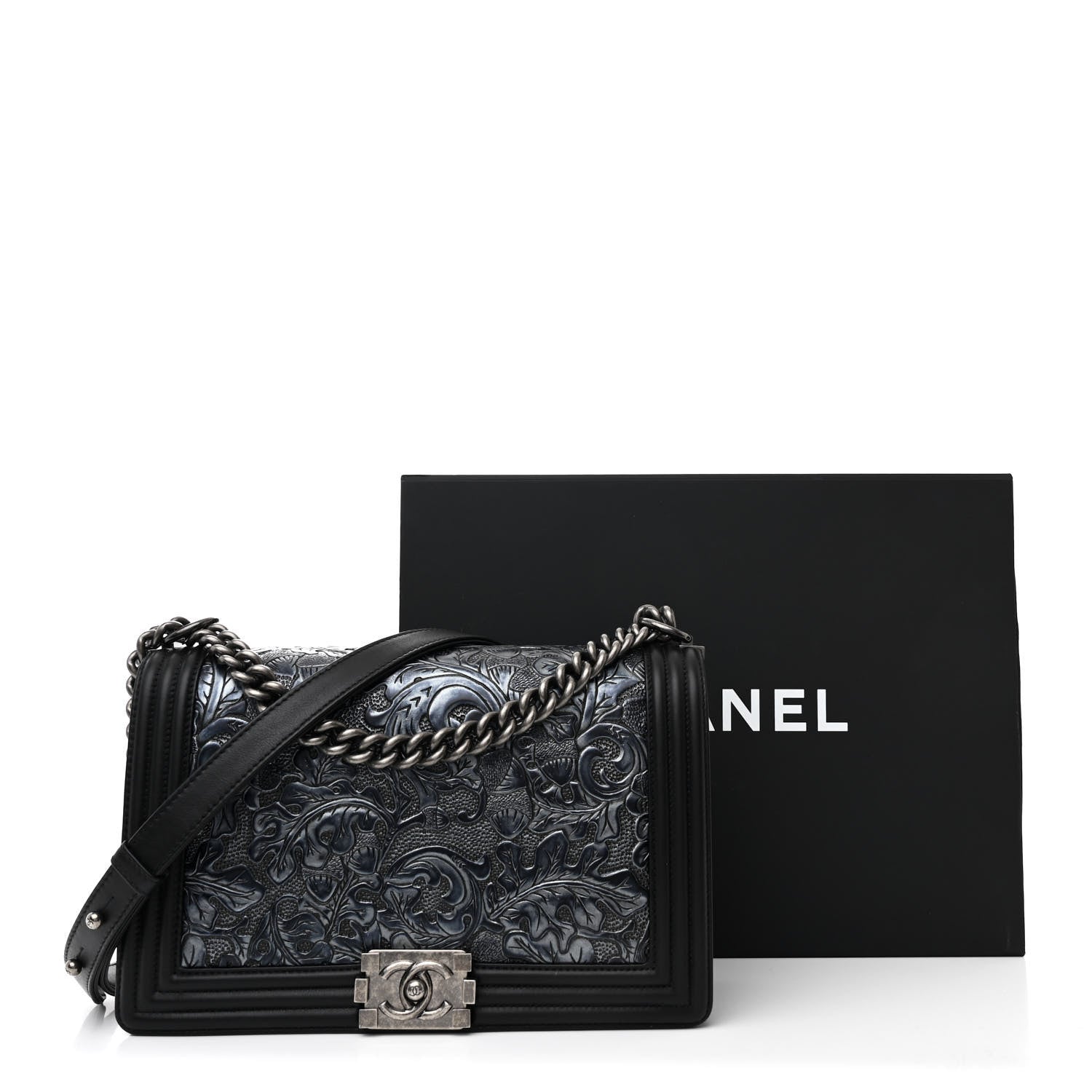 Chanel Calfskin Embossed New Medium Cordoba Boy Flap Dark Grey 12 of 12