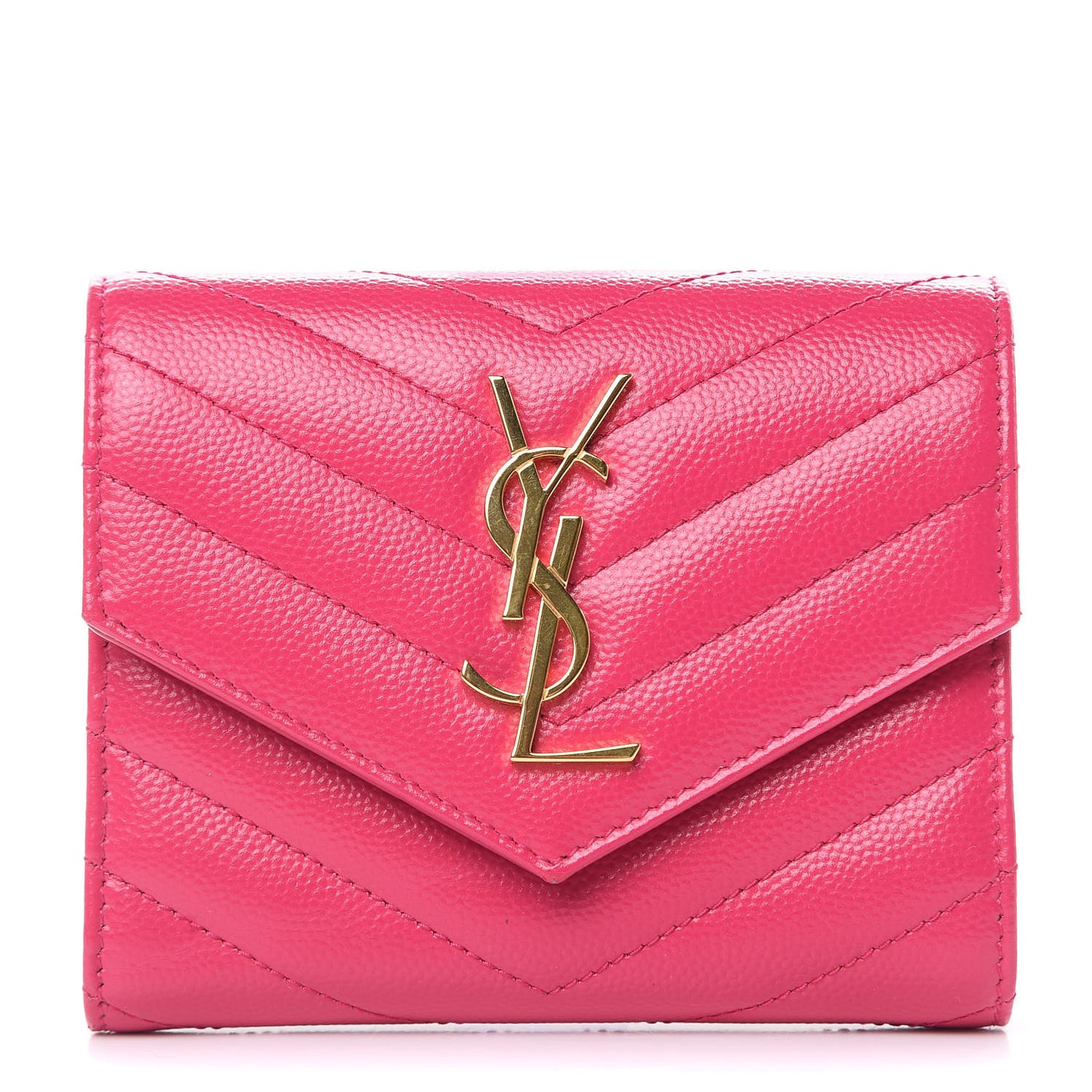 Grain De Poudre Matelasse Chevron Monogram Compact Tri Fold Wallet Fuschia
