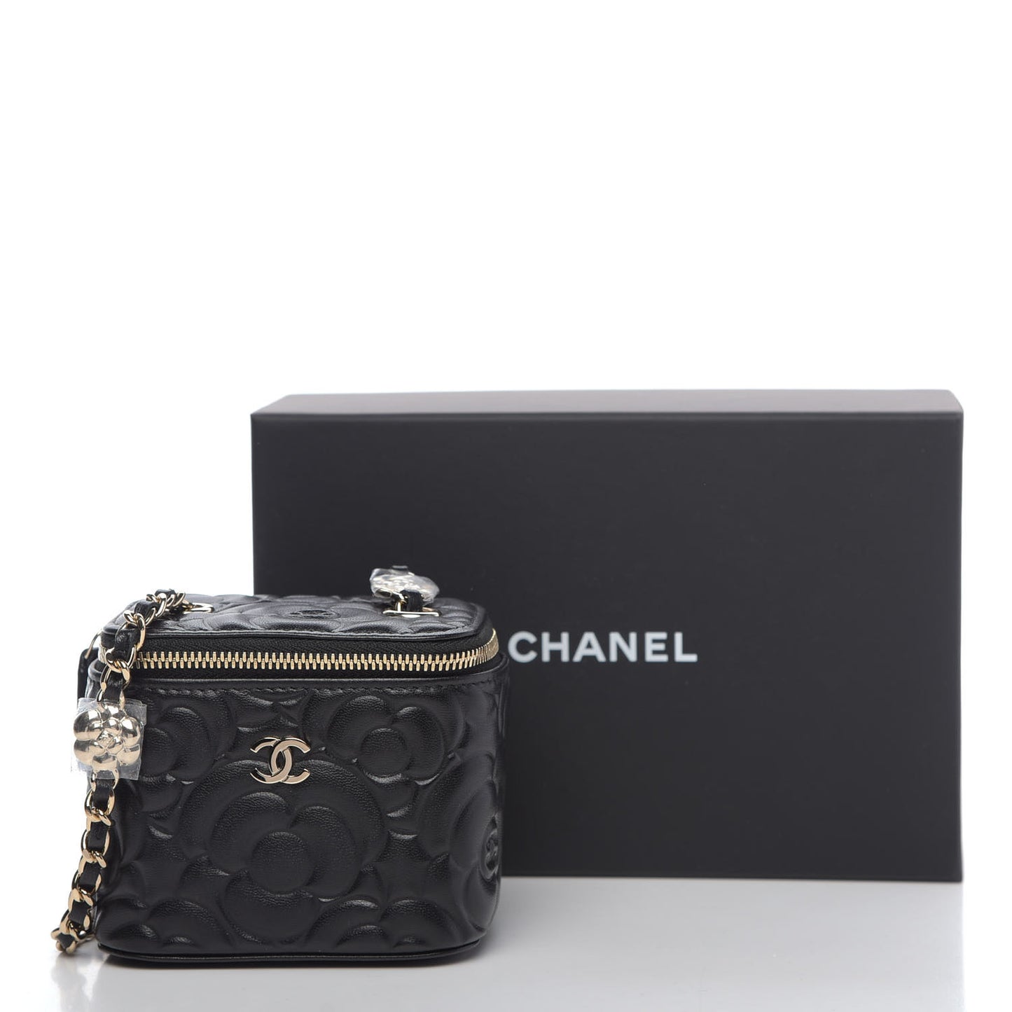 Lambskin Camellia Embossed Mini Vanity Case With Chain Black