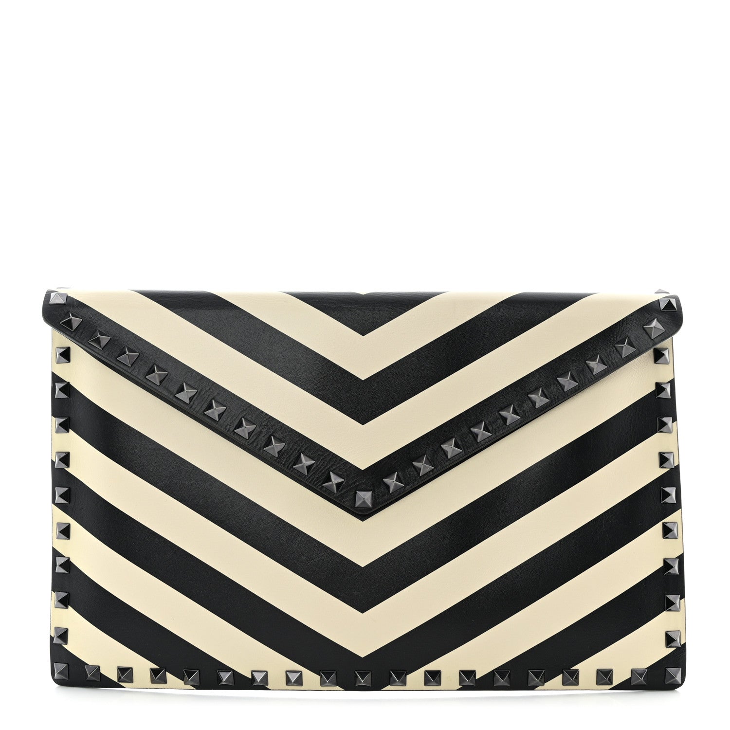 Valentino Garavani Vitello Chevron Rockstud Rolling Envelope Clutch Light Ivory Black 1 of 6