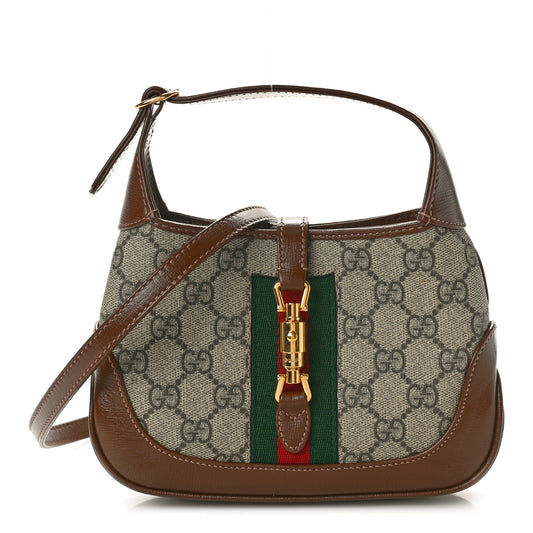 GG Supreme Monogram Azalea Calfskin Web Mini Jackie 1961 Hobo Beige Ebony Brown Sugar