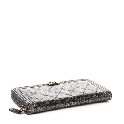 Chanel Cracked Metallic Calfskin Quilted Boy Long Zip Around Wallet Dark Silver 3 of 7