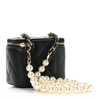 Chanel Lambskin Quilted Mini Vanity Case With Pearl Chain Black 2 of 11