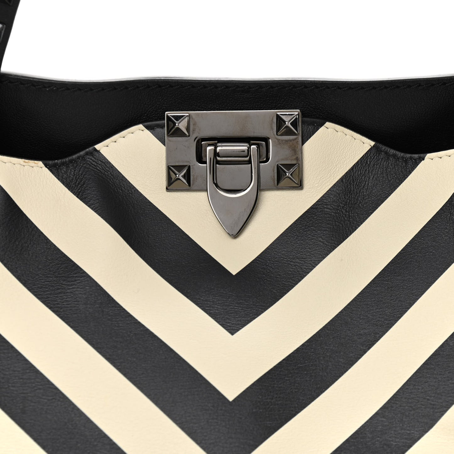 Calfskin Chevron Medium Rockstud Tote Light Ivory Black
