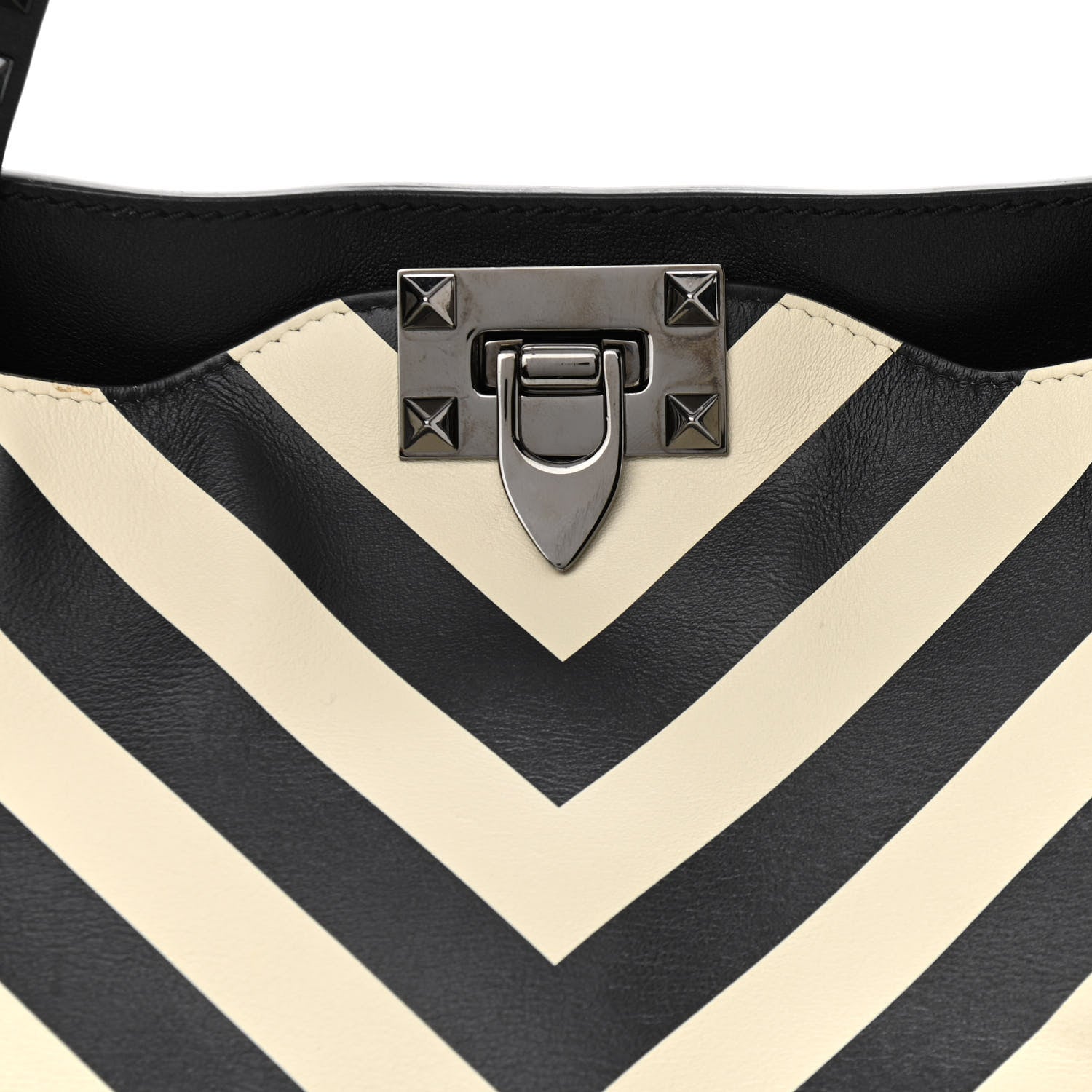 Valentino Garavani Calfskin Chevron Medium Rockstud Tote Light Ivory Black 7 of 14