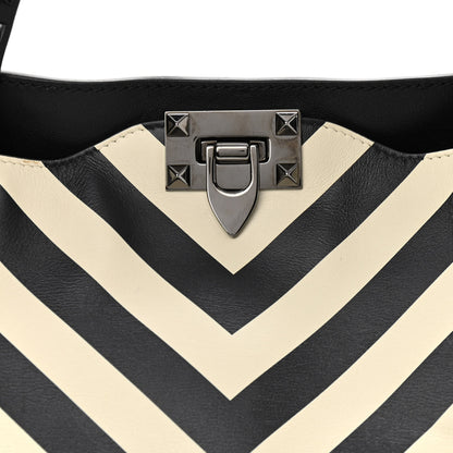 Valentino Garavani Calfskin Chevron Medium Rockstud Tote Light Ivory Black 7 of 14