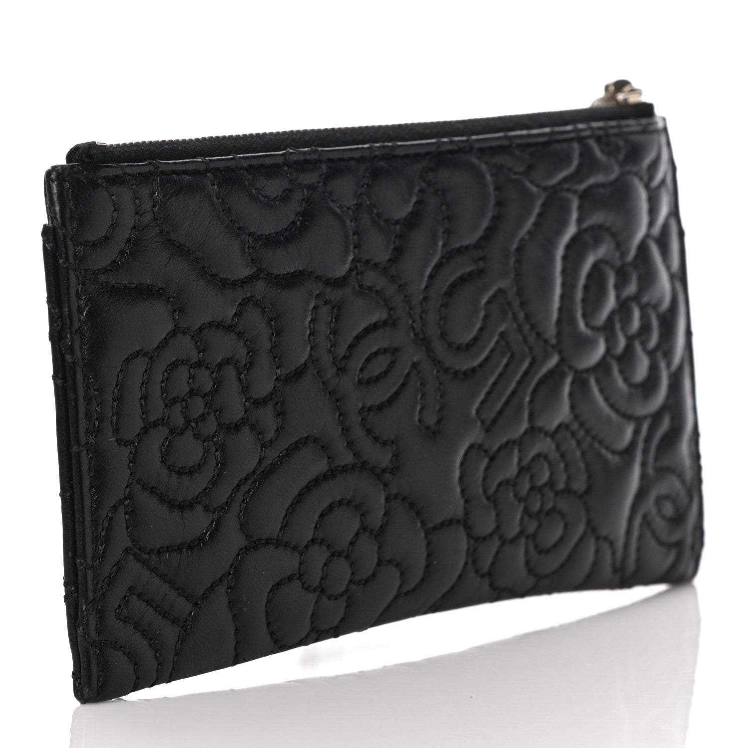 Chanel Lambskin Camellia Embossed Classic Zip Pouch Black 3 of 10