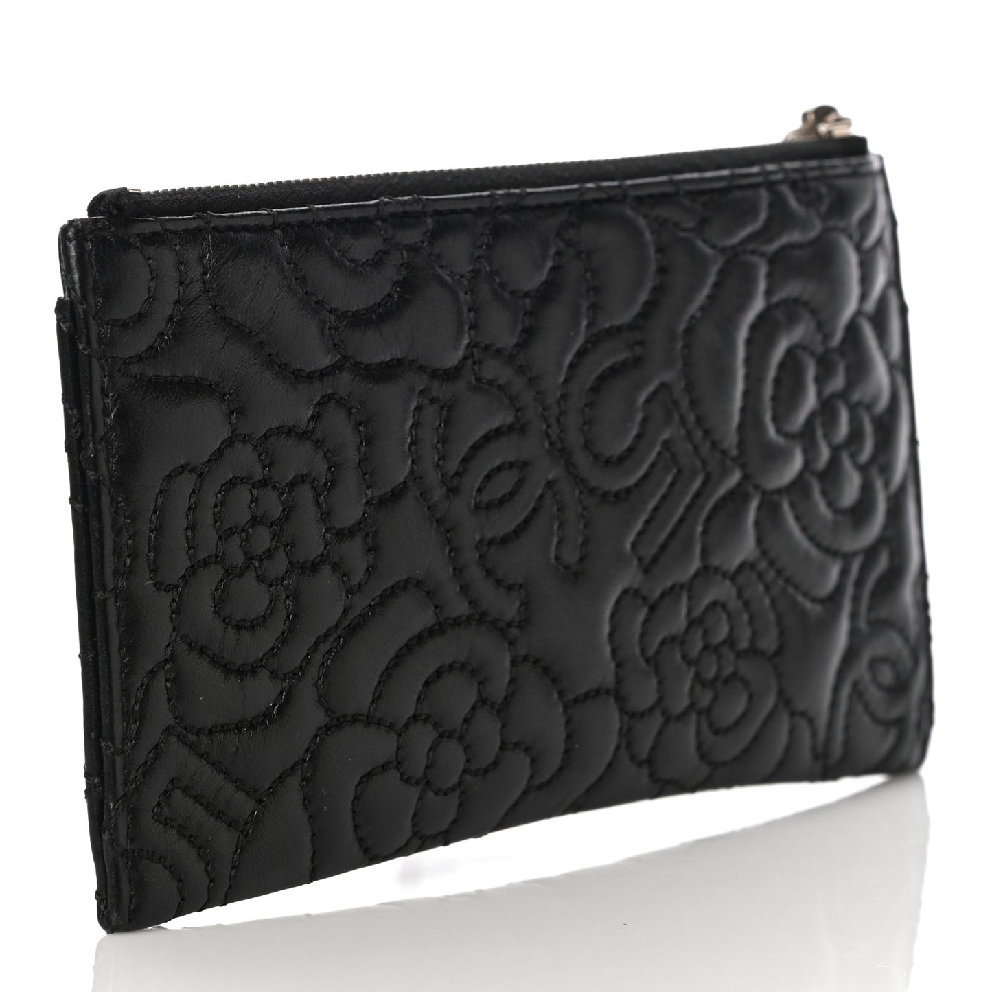 Lambskin Camellia Embossed Classic Zip Pouch Black