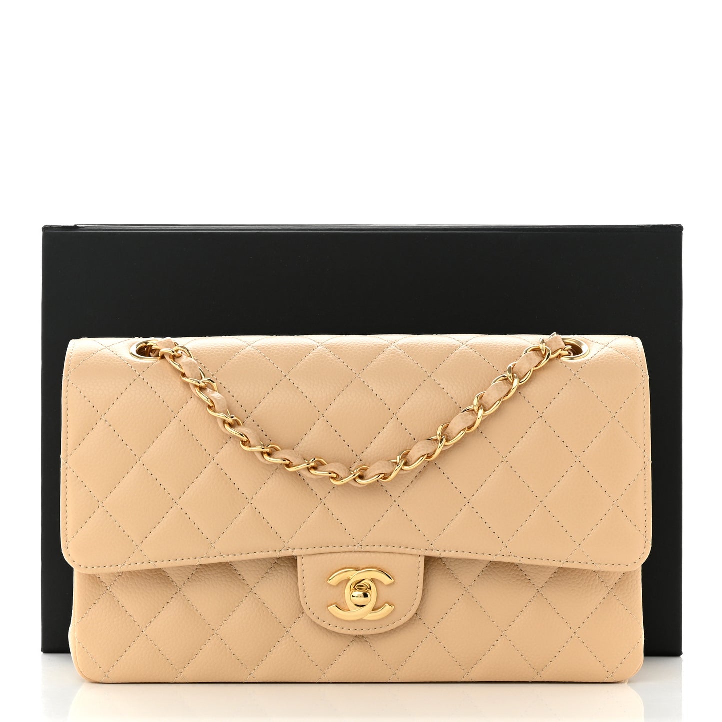 Caviar Quilted Medium Double Flap Beige Clair