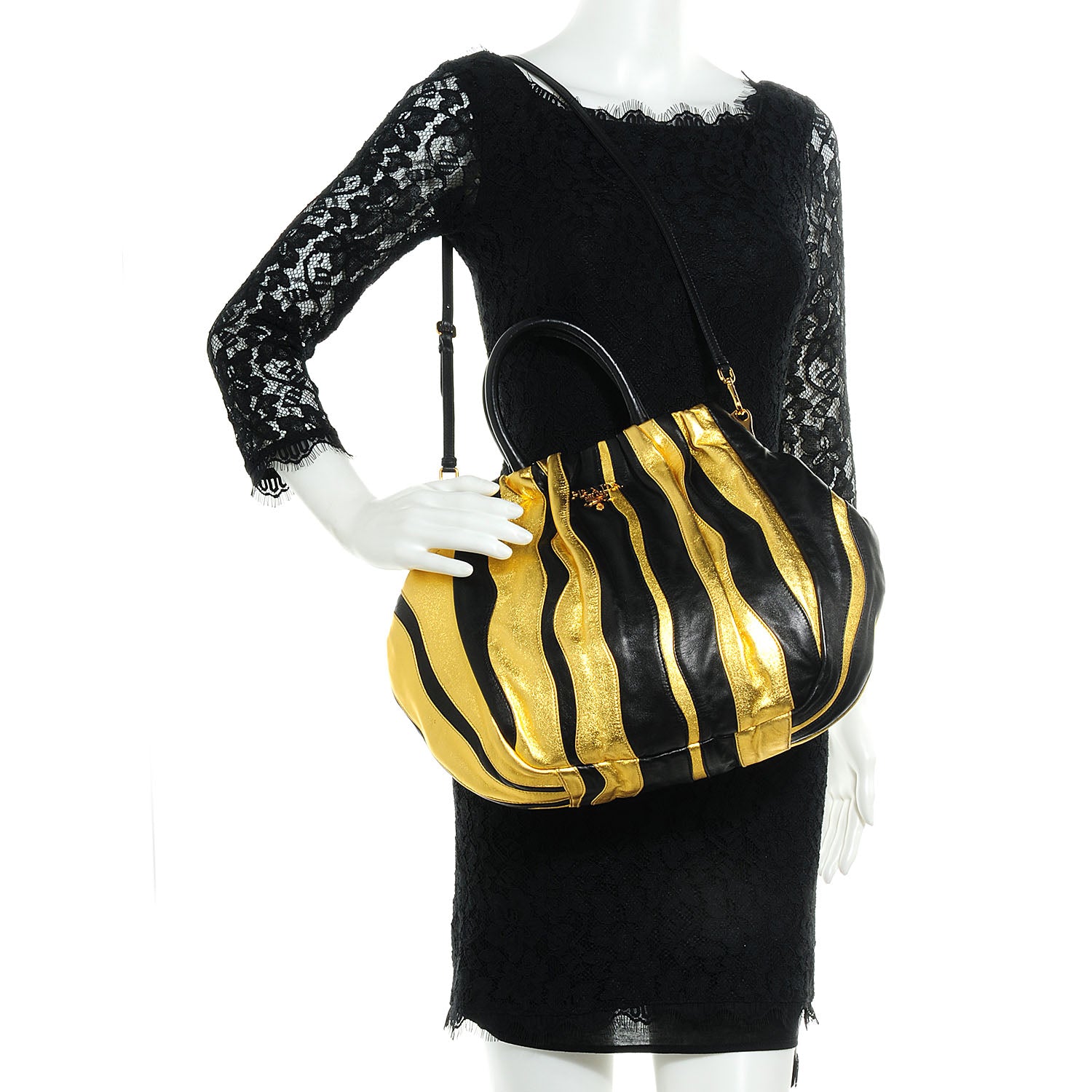 Prada Nappa Stripes Shoulder Bag Black Oro 2 of 8