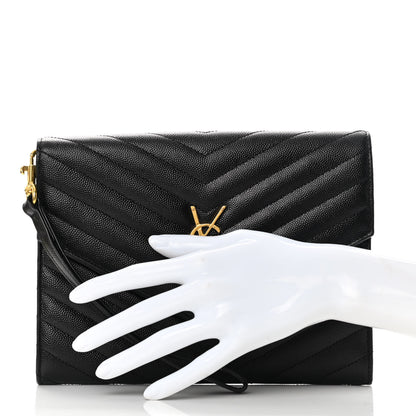 Saint Laurent Grain De Poudre Matelasse Chevron Monogram Envelope Clutch Black 3 of 10