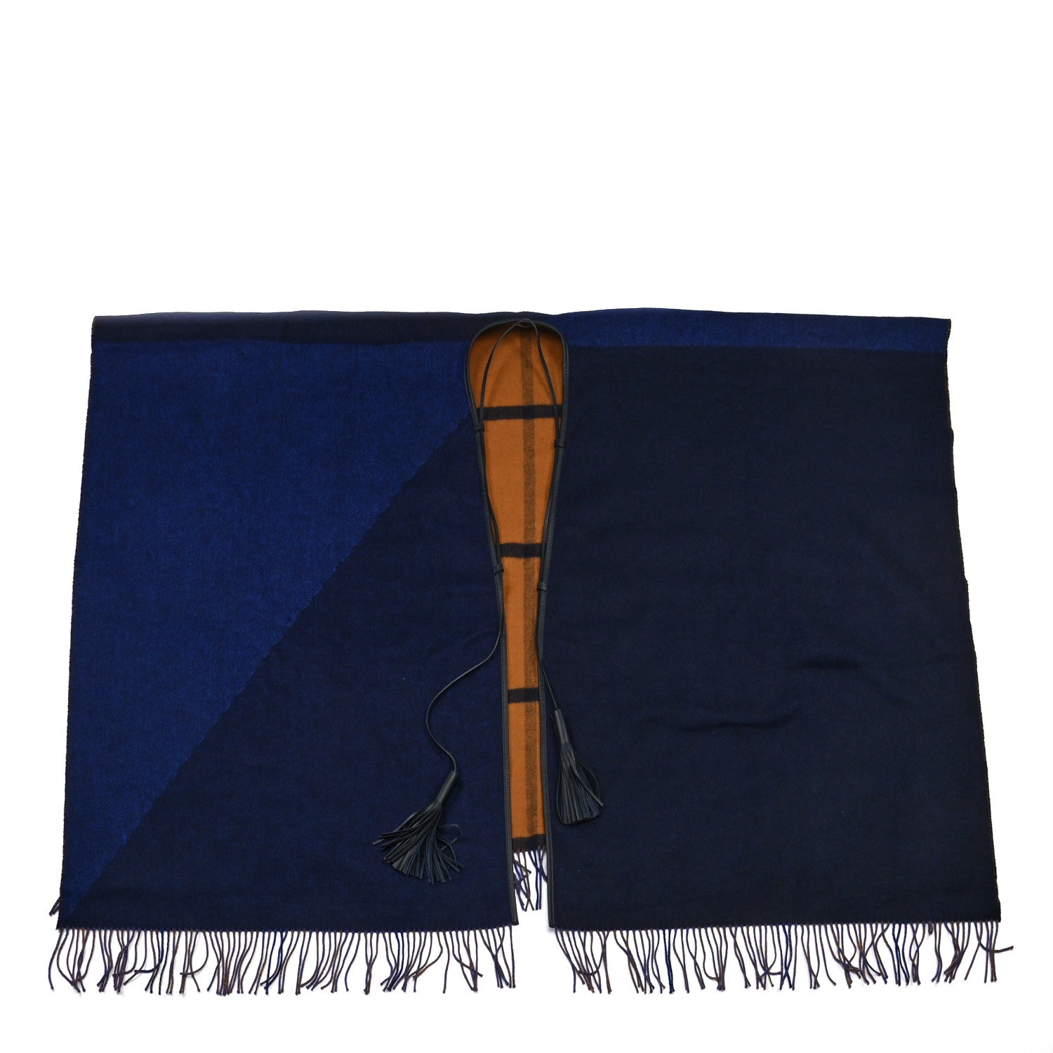 Hermes Wool Calfskin Reversible Highlands Poncho Navy Royal Fauve 2 of 7