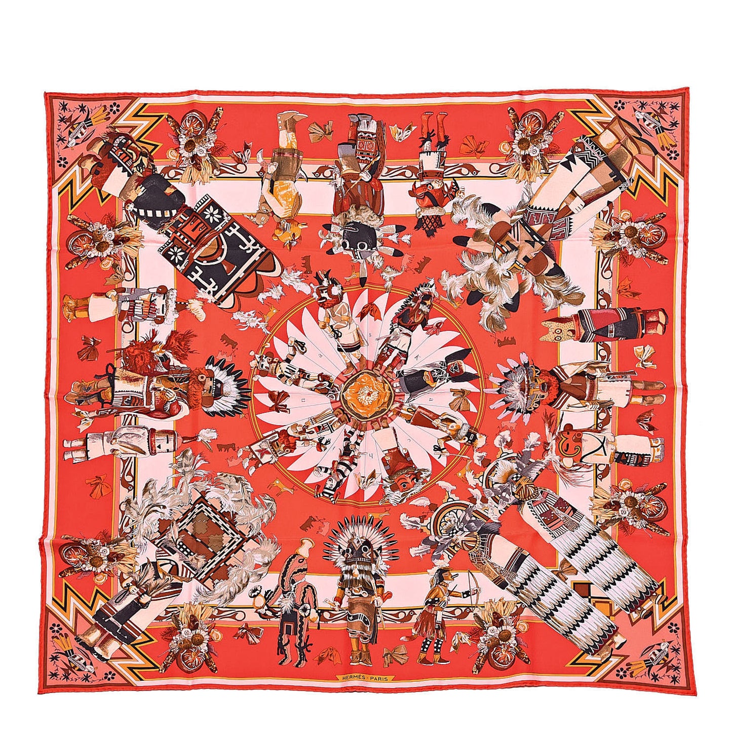 Silk Kachinas Wash Scarf 90 Rouge Corail Vert