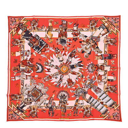 Hermes Silk Kachinas Wash Scarf 90 Rouge Corail Vert 1 of 4