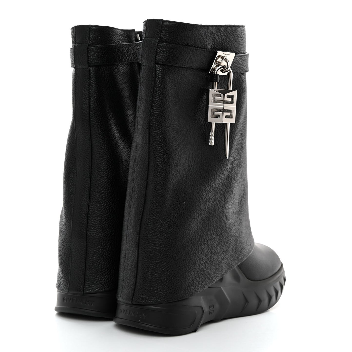 Grained Calfskin Shark Lock Biker Ankle Boots 41 Black