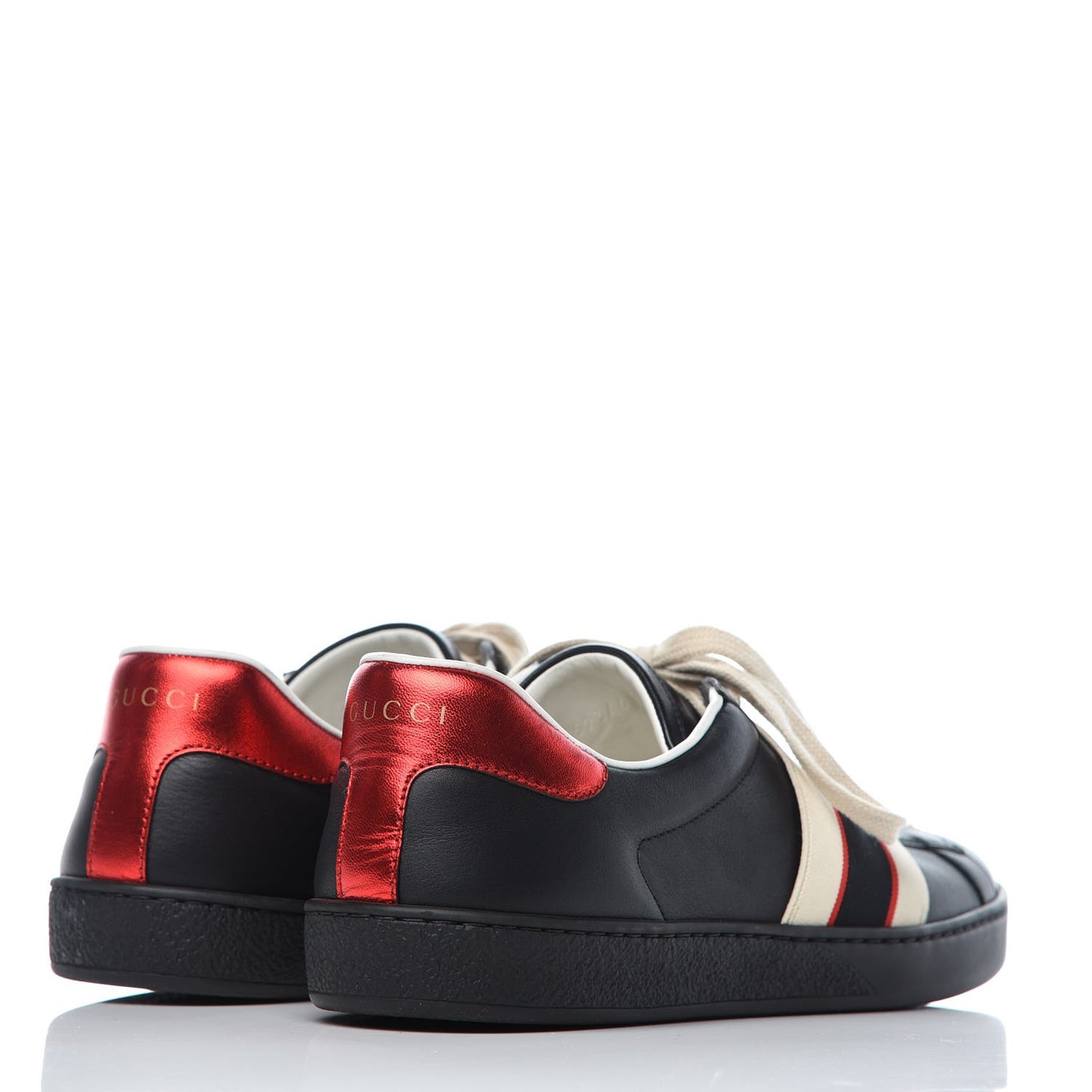 Calfskin Stripe Mens New Ace Sneakers 8 Black Ecru Red Flame