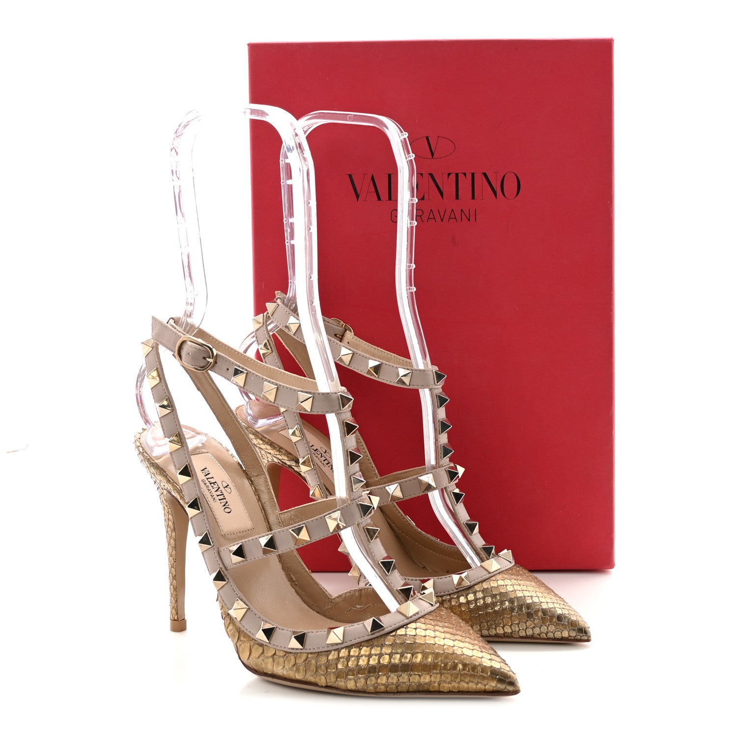 Valentino Garavani Metallic Elaphe Rockstud Ankle Strap 100mm Pumps 35 Gold Poudre 9 of 9