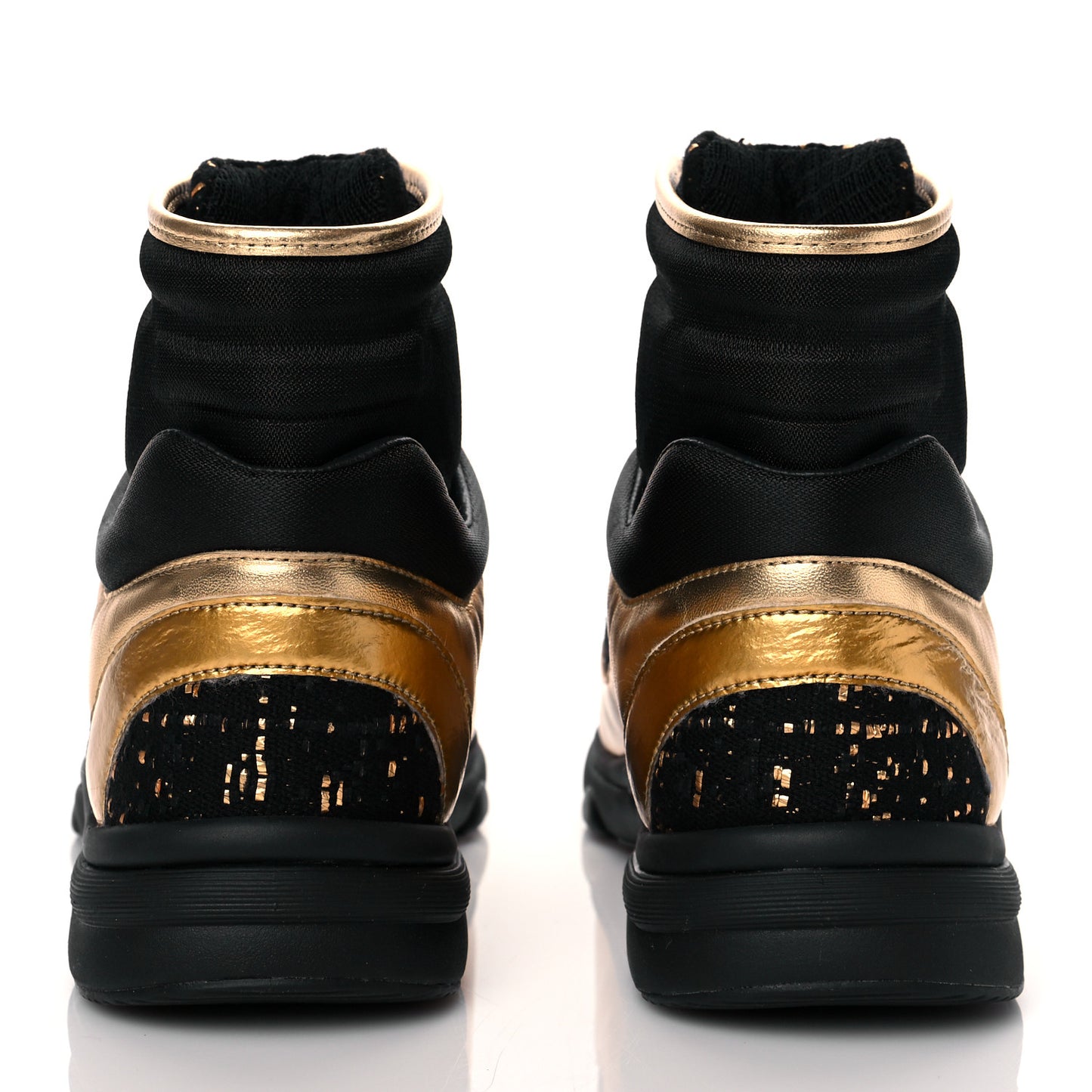 Satin Lambskin Fabric Tweed CC High Top Sneakers 37.5 Black Gold