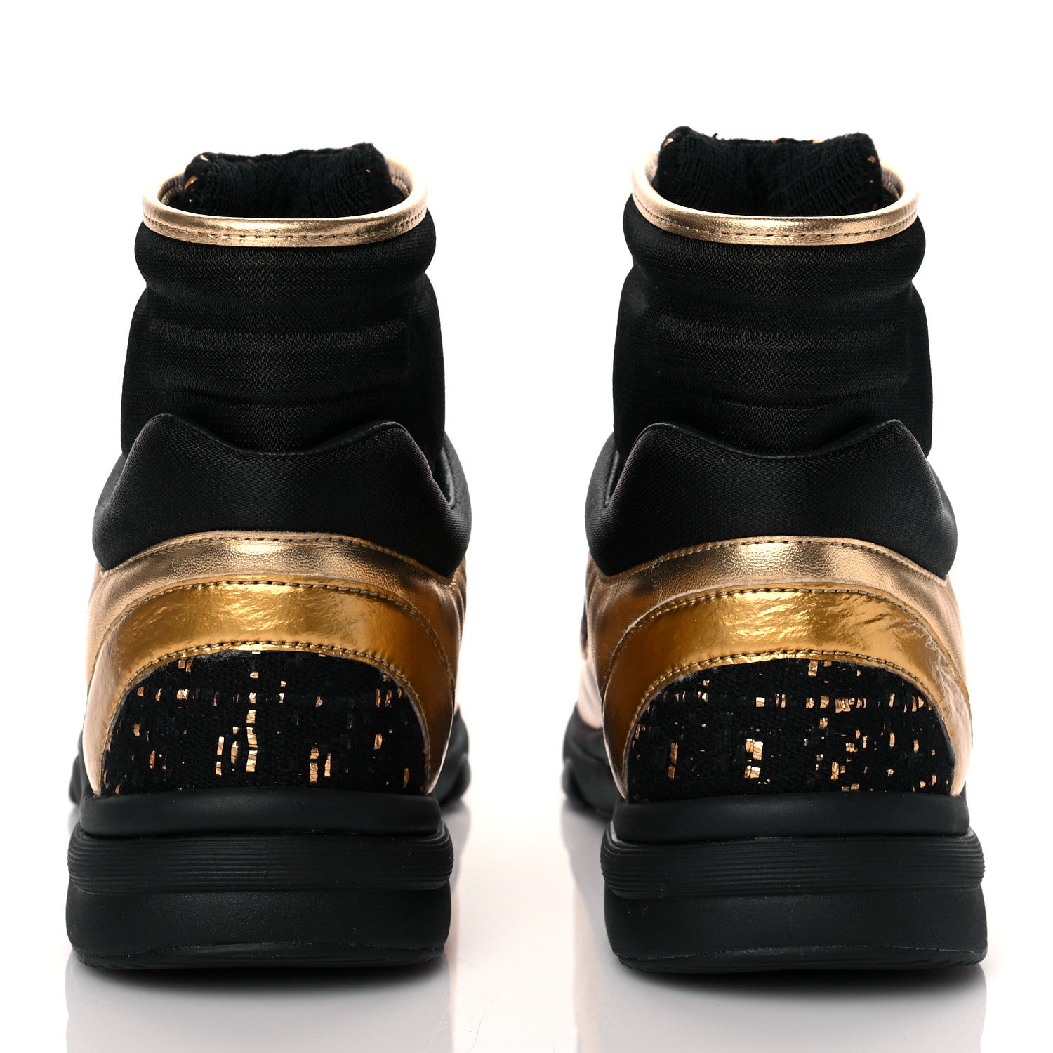 Chanel Satin Lambskin Fabric Tweed CC High Top Sneakers 37.5 Black Gold 5 of 10