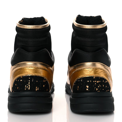 Chanel Satin Lambskin Fabric Tweed CC High Top Sneakers 37.5 Black Gold 5 of 10