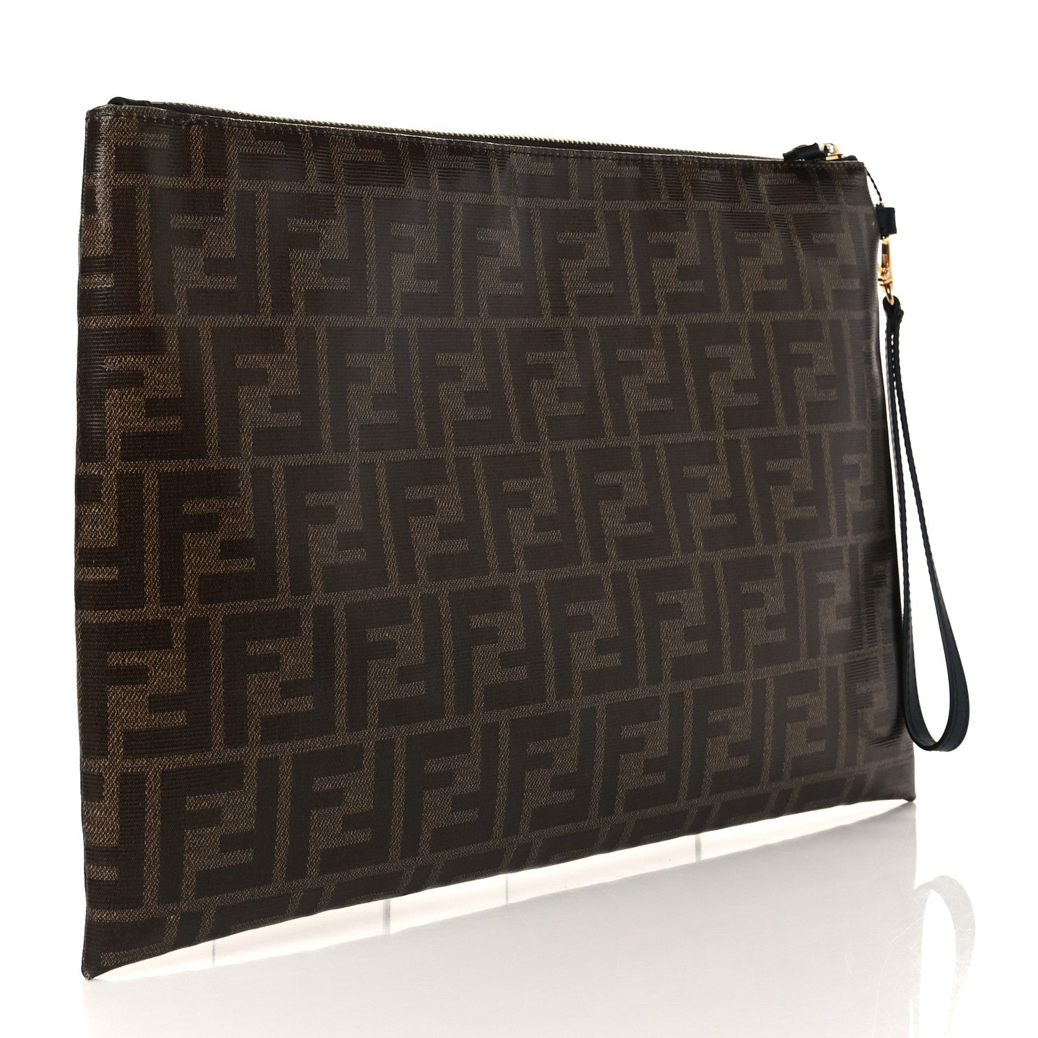 Fendi Glazed Fabric FF 1974 Stamp Patch Large Flat Pouch Mogano Panna Black 2 of 5