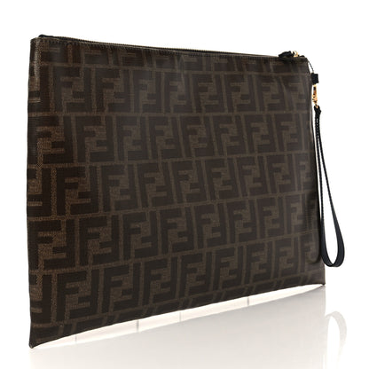 Fendi Glazed Fabric FF 1974 Stamp Patch Large Flat Pouch Mogano Panna Black 2 of 5