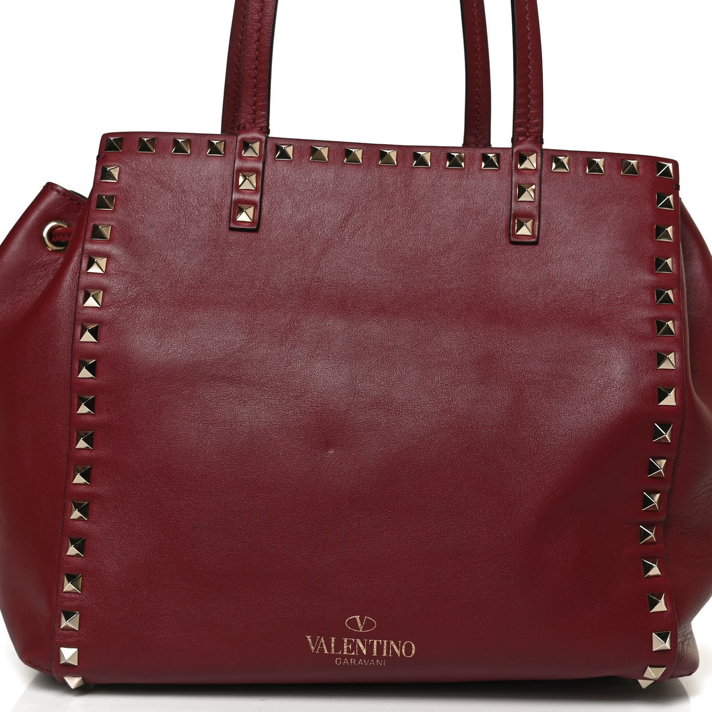 Vitello Rockstud Double Handle Cinch Tote Red