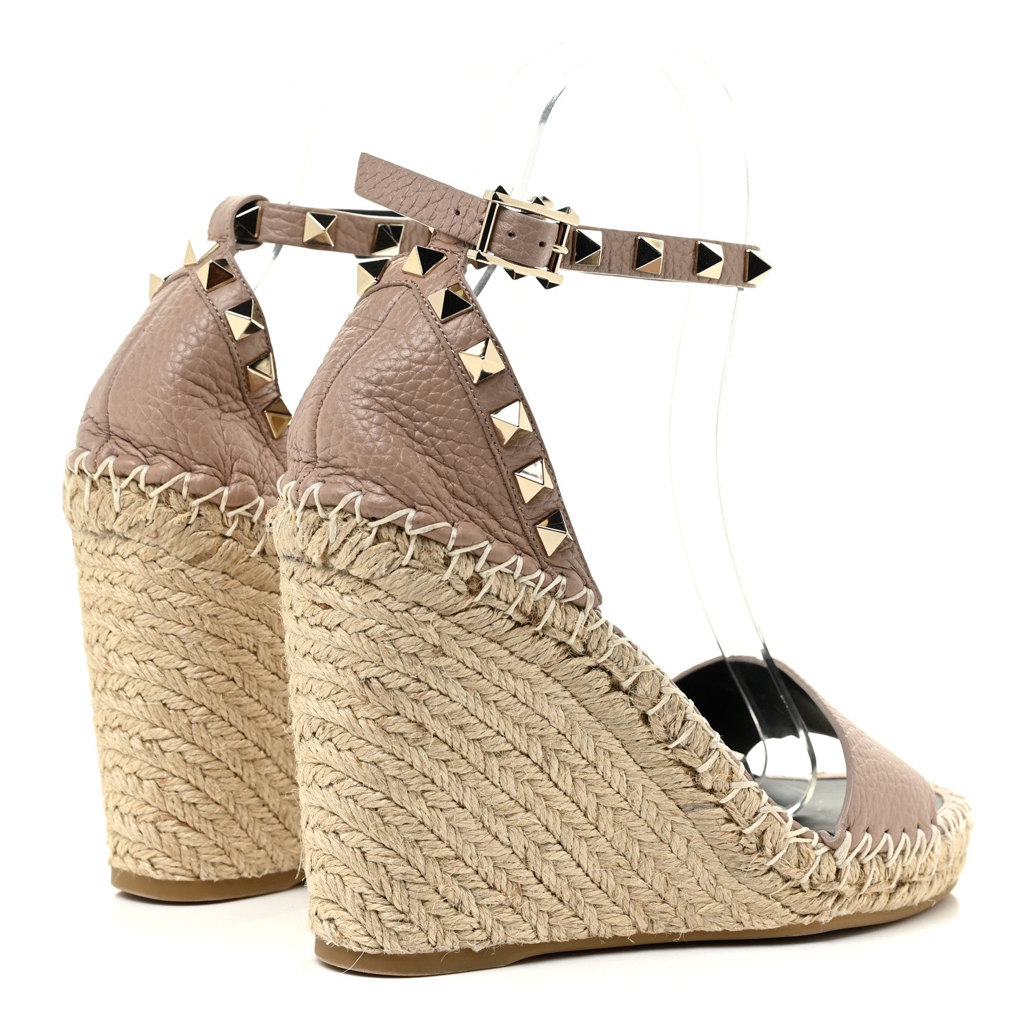 Valentino Garavani Grained Calfskin Rockstud Ankle Strap Espadrille 15/105mm Wedge Sandals 35 Poudre Natural 5 of 17