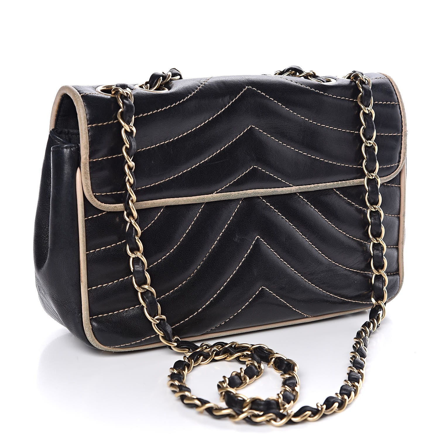 Chanel Lambskin Chevron Small Single Flap Bag Black Beige 3 of 16