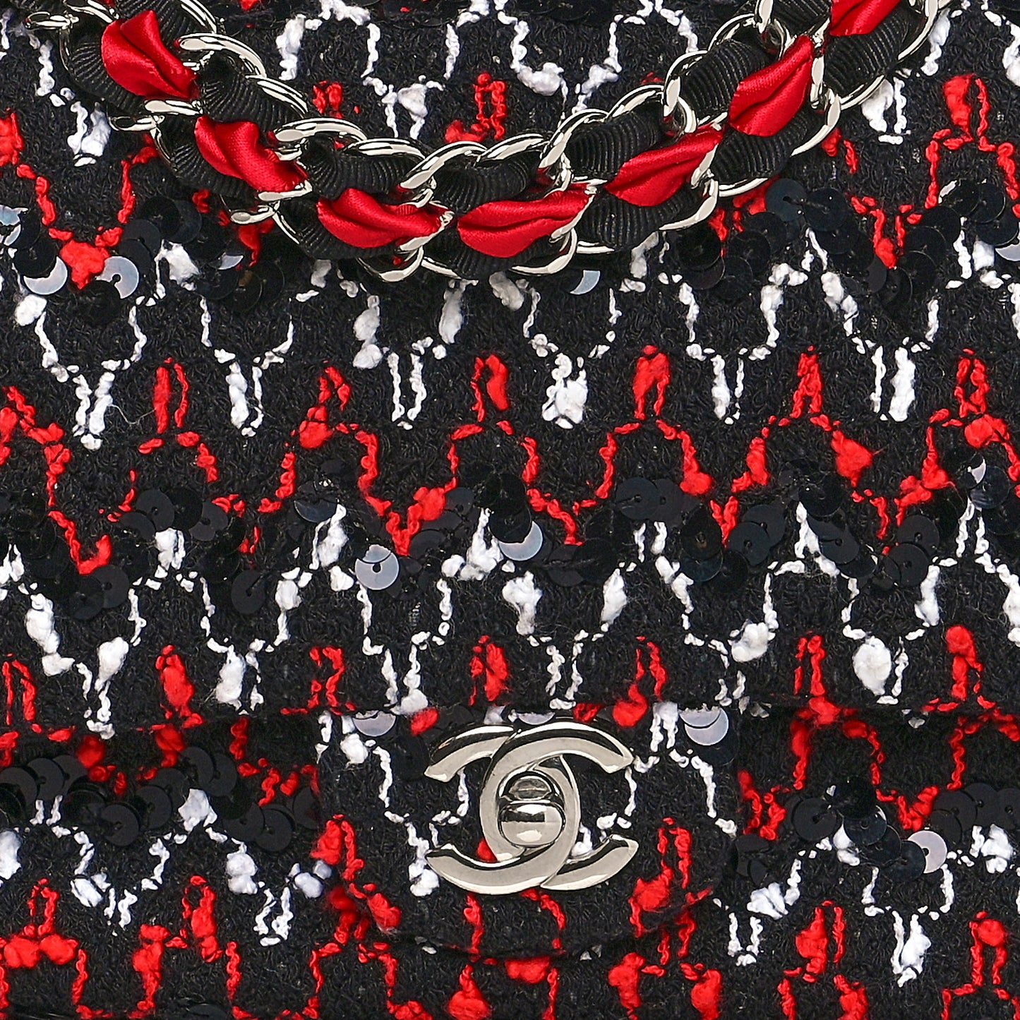 Tweed Sequin Medium Double Flap Black Red White