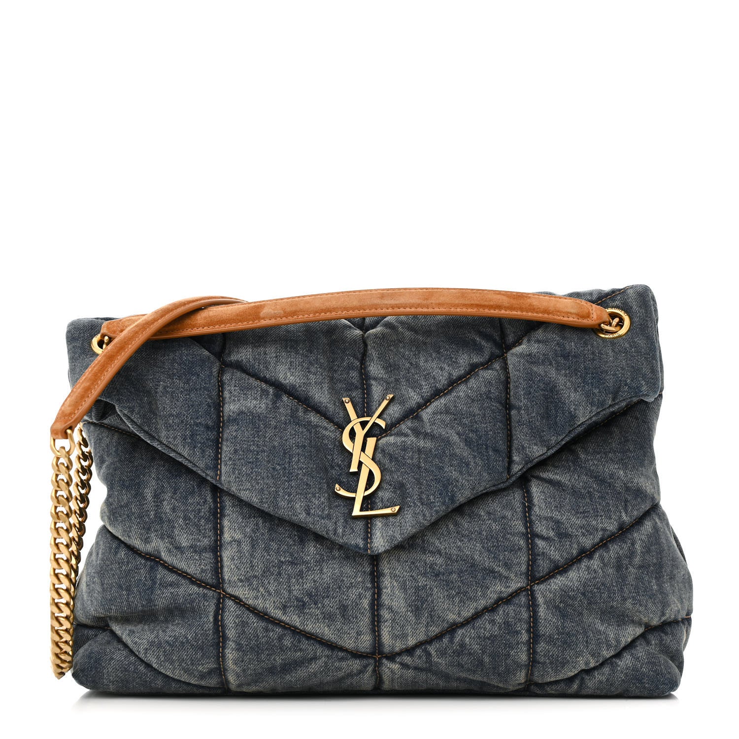 Saint Laurent Denim Quilted Medium Loulou Puffer Monogram Chain Satchel Blue Cinnamon 1 of 12
