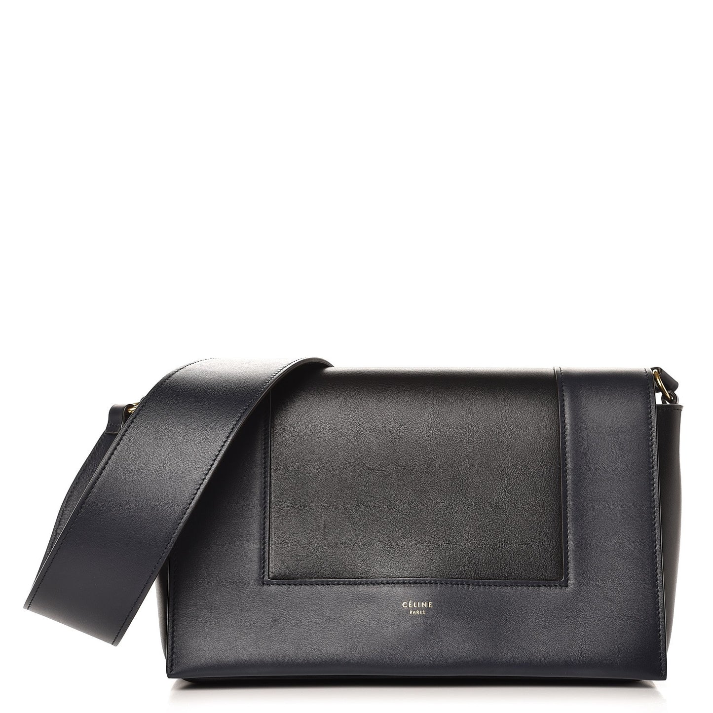 Shiny Smooth Calfskin Medium Frame Shoulder Bag Black Navy