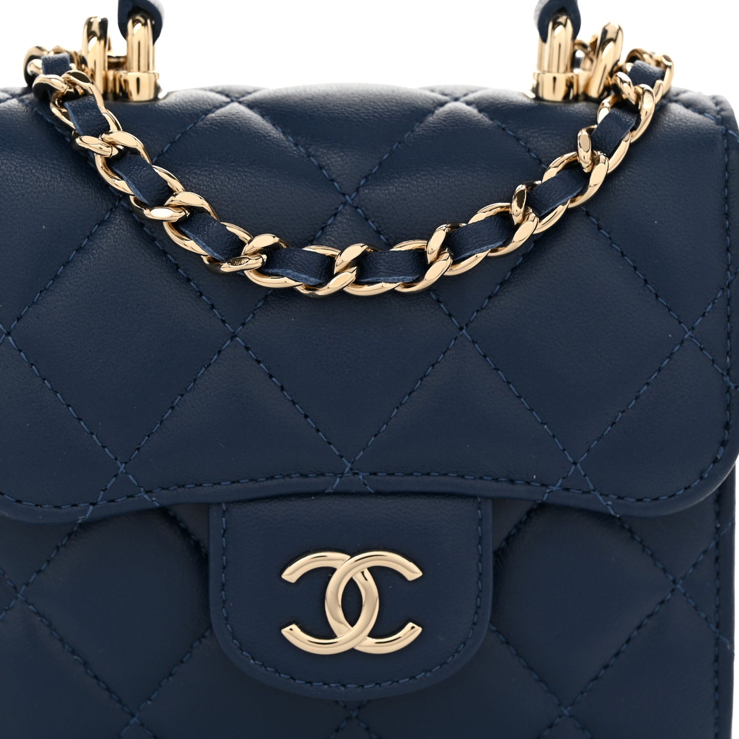 Lambskin Quilted Top Handle Clutch With Chain Blue