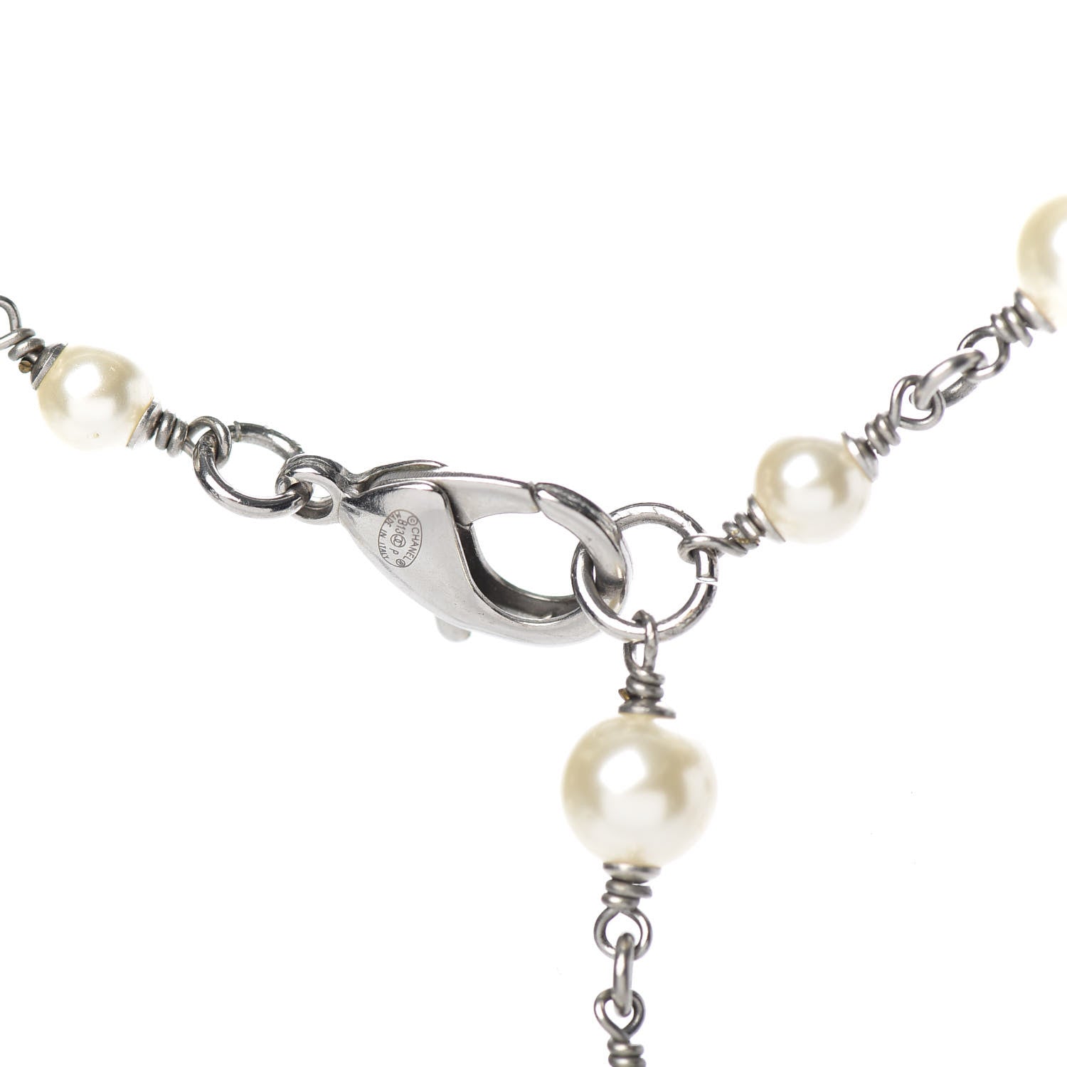 Chanel Pearl Bead CC Long Necklace Blue Silver 5 of 6