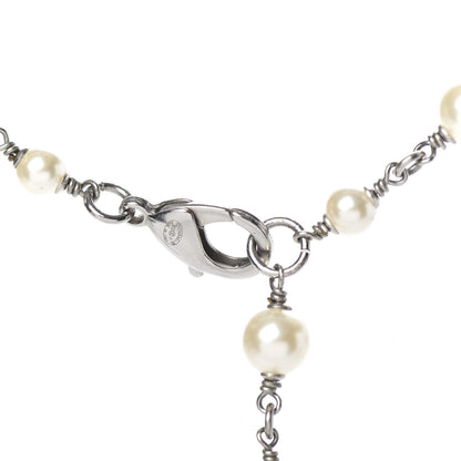 Chanel Pearl Bead CC Long Necklace Blue Silver 5 of 6