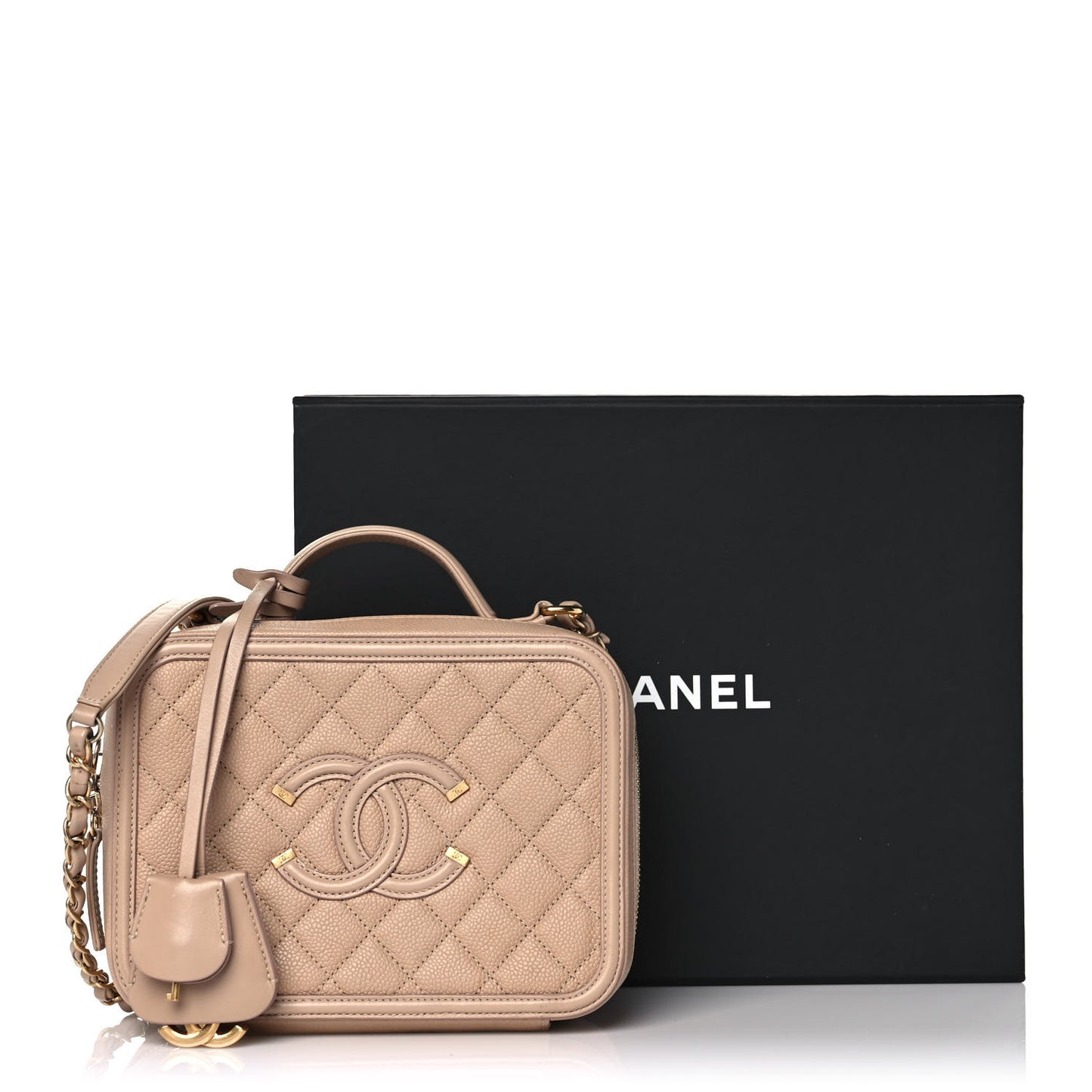 Caviar Quilted Medium CC Filigree Vanity Case Beige