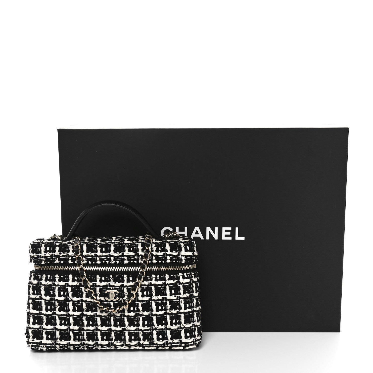 Chanel Tweed Quilted Top Handle Slim Long Vanity Black Ecru White 11 of 11