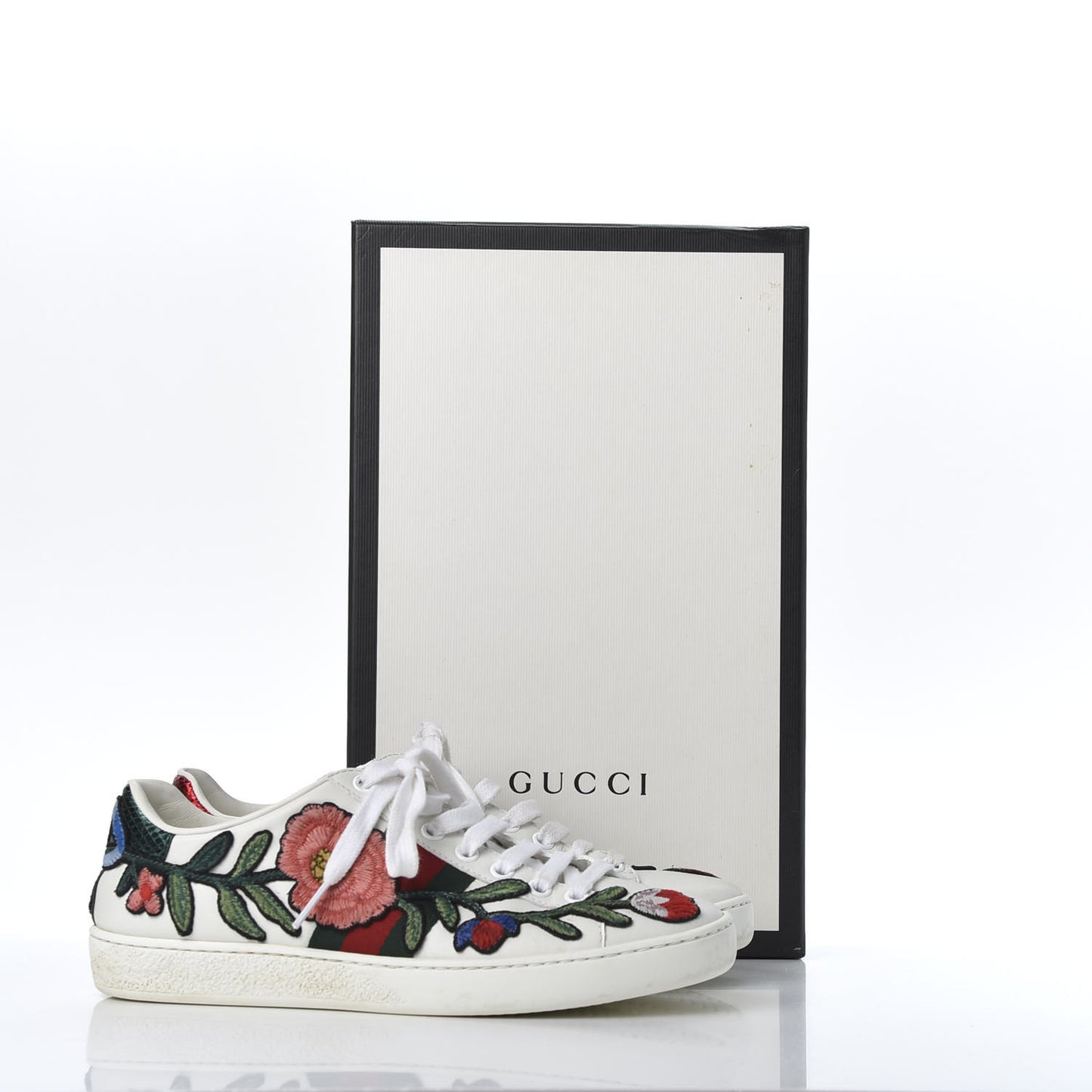 Calfskin Web Floral Embroidered Ace Sneakers 36 White