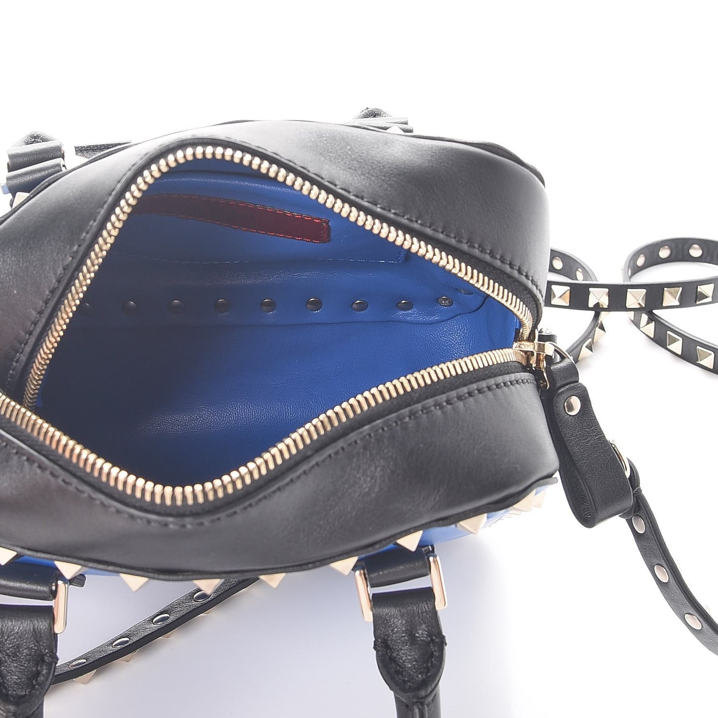 Calfskin Rockstud Top Handle Camera Crossbody Bag Blue Black
