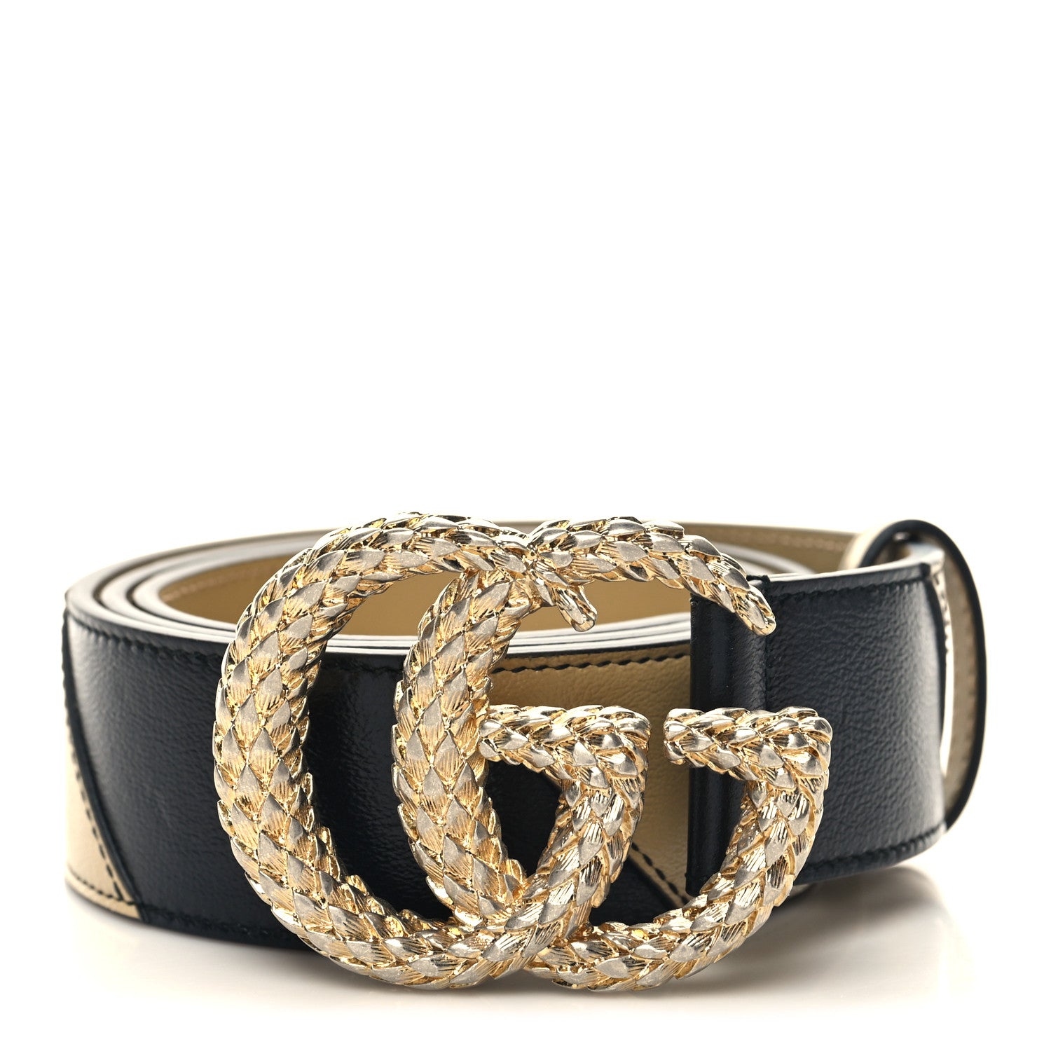 Gucci Calfskin Striped Textured Double G 50mm Belt 90 36 Black Beige 1 of 5