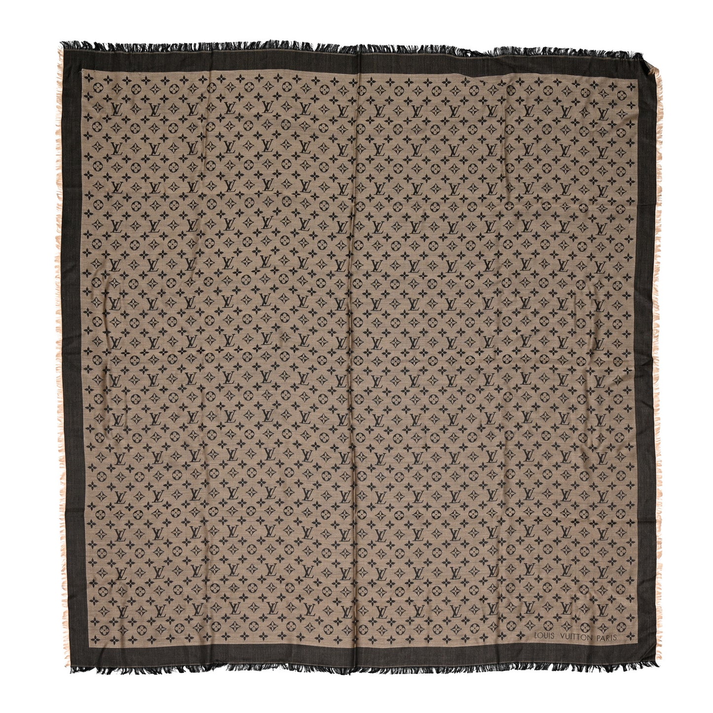 Wool Silk Monogram Denim Shawl Beige Black