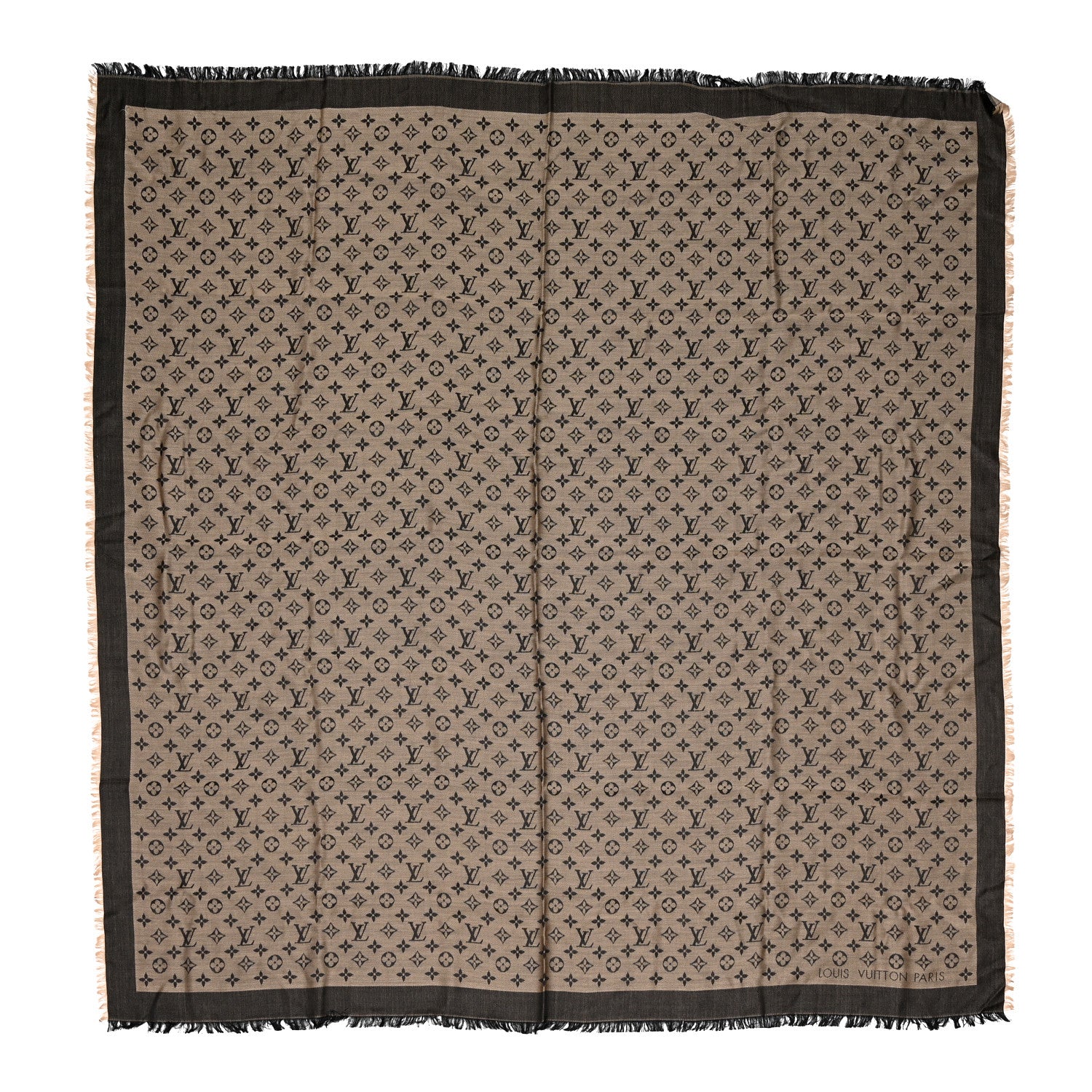 Louis Vuitton Wool Silk Monogram Denim Shawl Beige Black 1 of 7