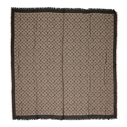 Louis Vuitton Wool Silk Monogram Denim Shawl Beige Black 1 of 7