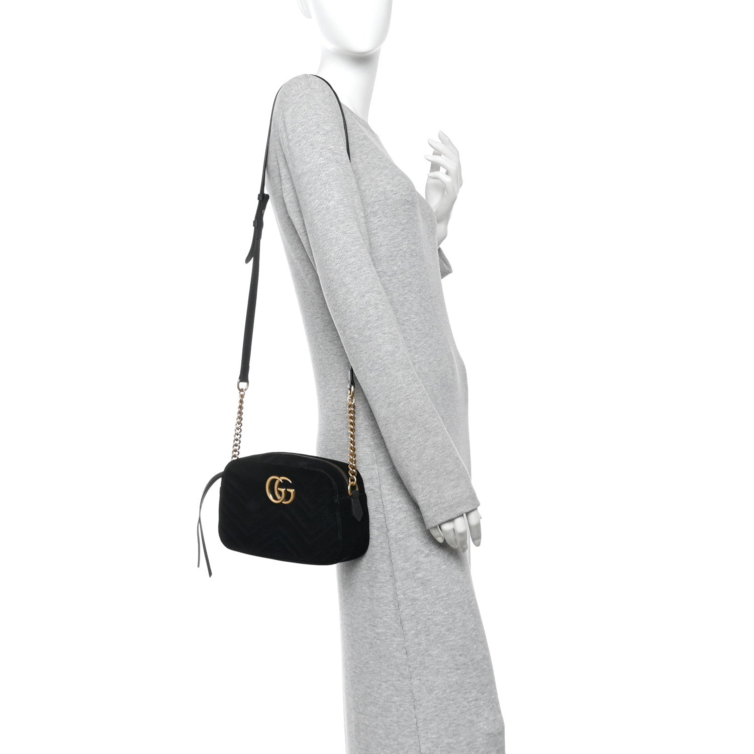 Gucci Velvet Matelasse Small GG Marmont Chain Shoulder Bag Black 2 of 11