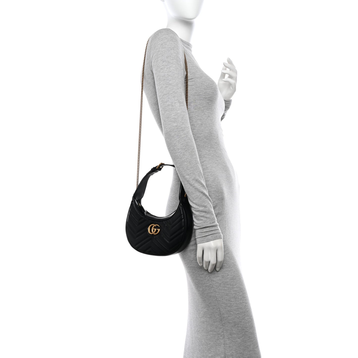 Calfskin Matelasse Chevron Mini GG Marmont Half Moon Hobo Black