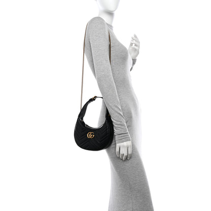 Gucci Calfskin Matelasse Chevron Mini GG Marmont Half Moon Hobo Black 2 of 9