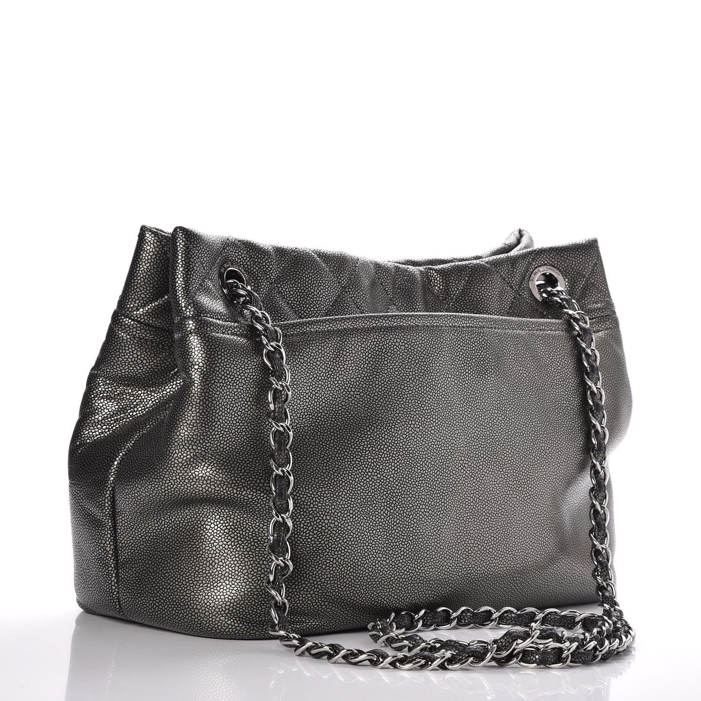 Metallic Caviar Quilted CC Timeless Tote Dark Silver