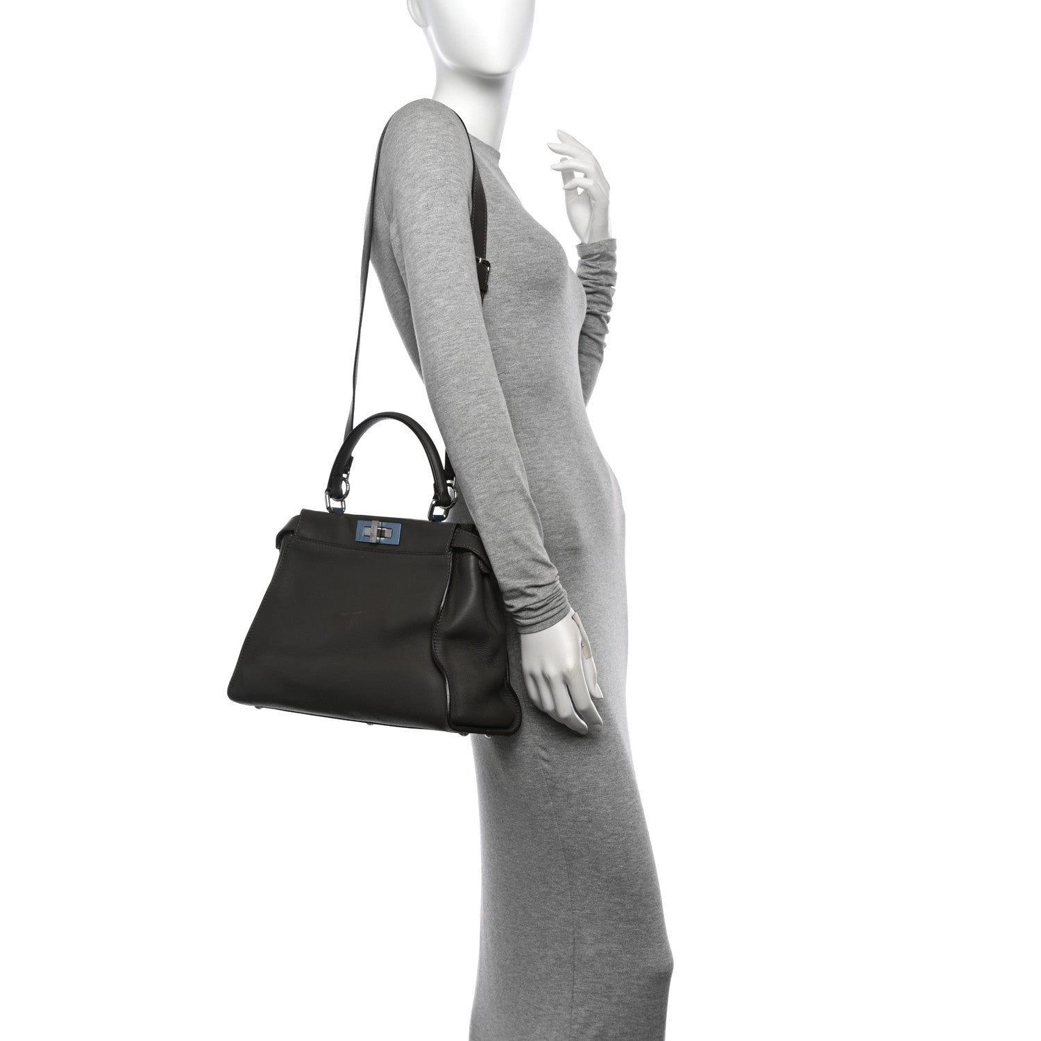 Fendi Vitello Seta Shiny Nappa Medium Peekaboo Iconic Satchel Carbone Grigio Polvere 2 of 12