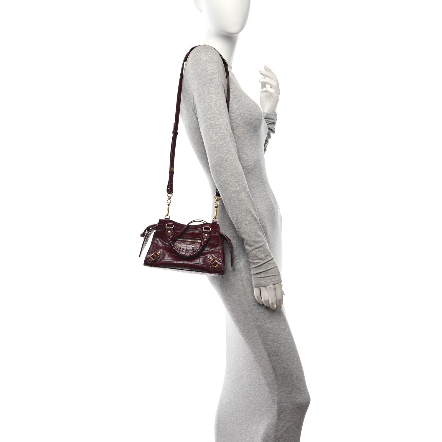 Balenciaga Calfskin Crocodile Embossed Neo Classic Gold Hardware Nano City Dark Red 2 of 11
