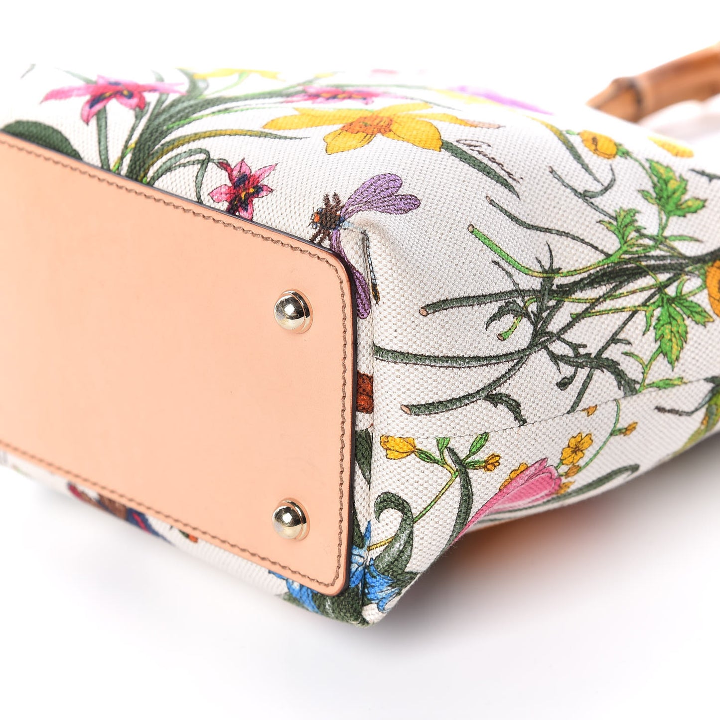 Canvas Floral Flora Bamboo Handle Bag White